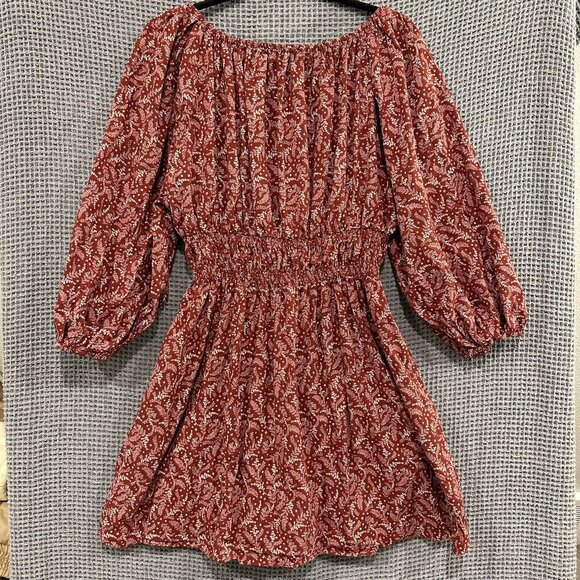 Madewell Dress Womens 6 Burgundy Paisley V-Neck Smocked Waist Long Sleeve Mini - Picture 6 of 11